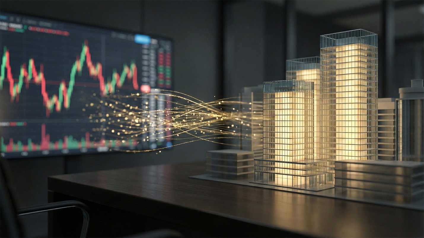 Illustration of commercial buildings connected to financial market data, symbolising capital flow into real estate investments.