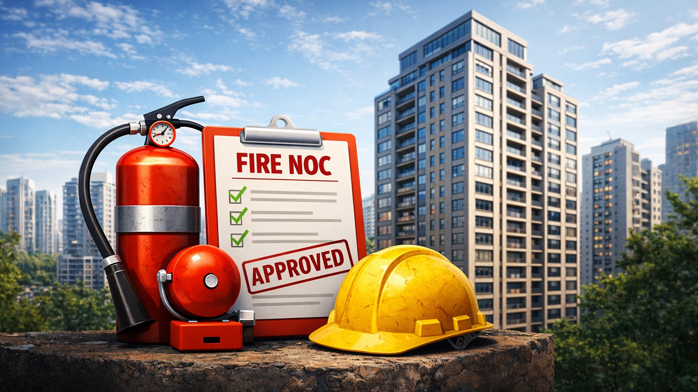 Fire NOC approval checklist with fire extinguisher, alarm bell, and safety helmet in front of a high-rise building.